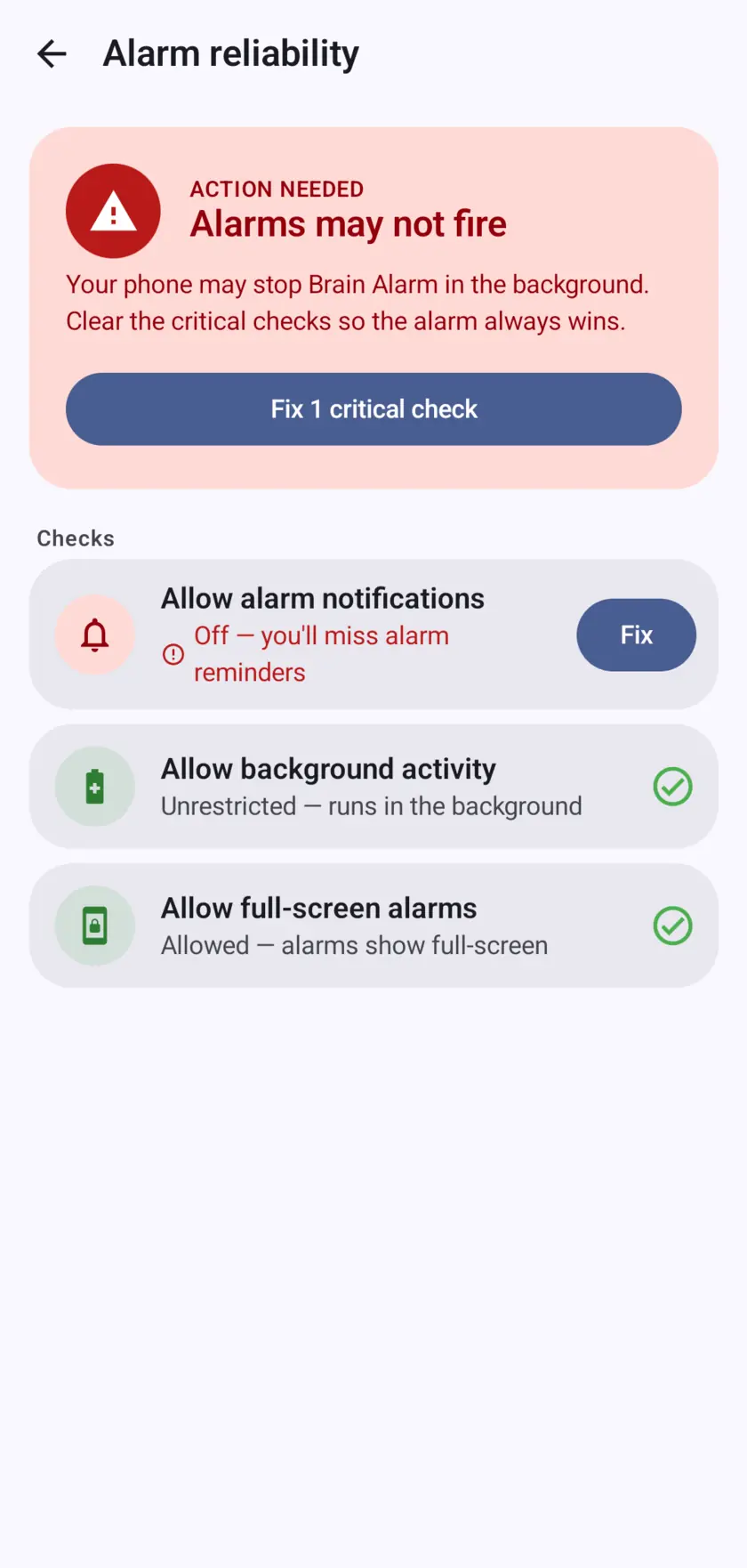 Reliability check - action needed